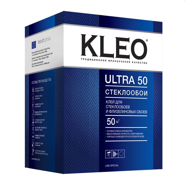 Клей KLEO Ультра 50 для стеклообоев и флизелиновых обоев, 500гр фото
